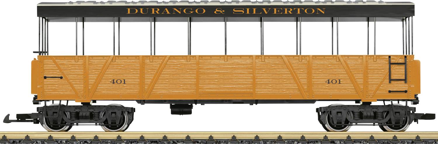 Illustration de vue latérale d'un wagon de marchandises orange du chemin de fer Durango & Silverton marqué « 401 » sur les voies.