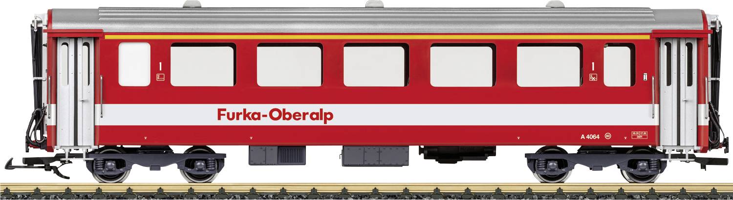 Wagon de passagers Furka-Oberalp rouge et blanc montré en vue latérale sur les voies.