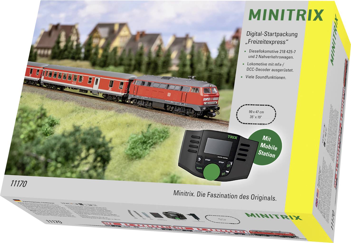 Boîte de set de démarrage de train miniature Minitrix montrant une locomotive rouge avec des voitures de passagers, une scène de voie, et un contrôleur de station mobile inclus.