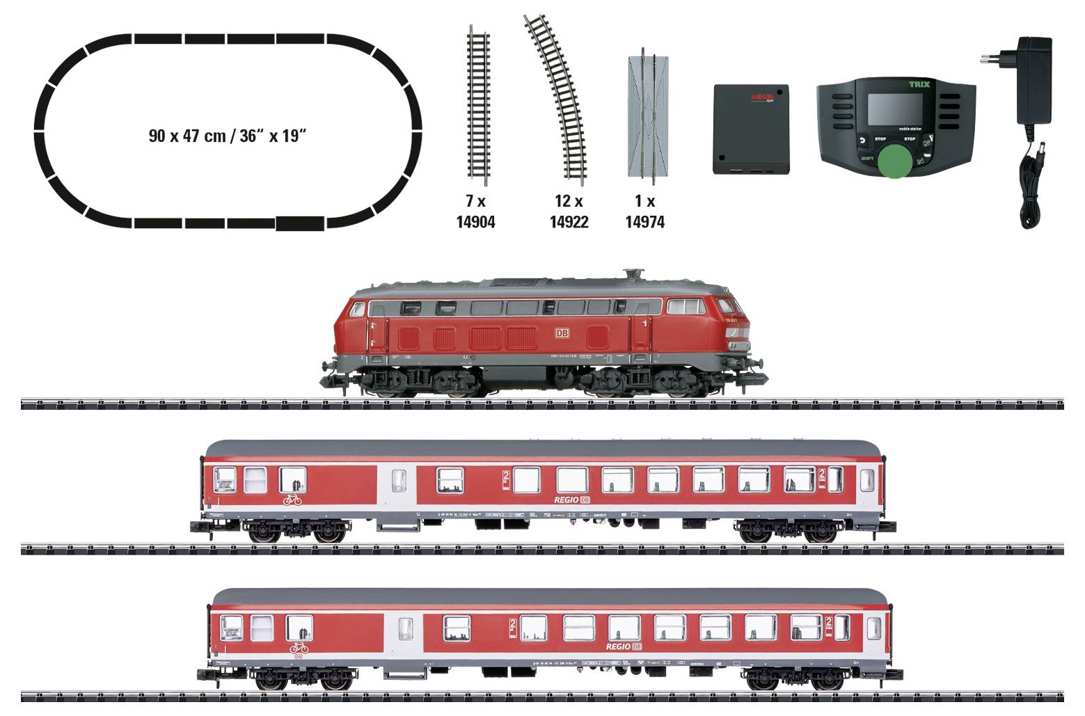 Contenu du coffret de train électrique : circuit ovale 90 x 47 cm, contrôleur et alimentation électrique, une locomotive rouge, et deux voitures de passagers rouges.