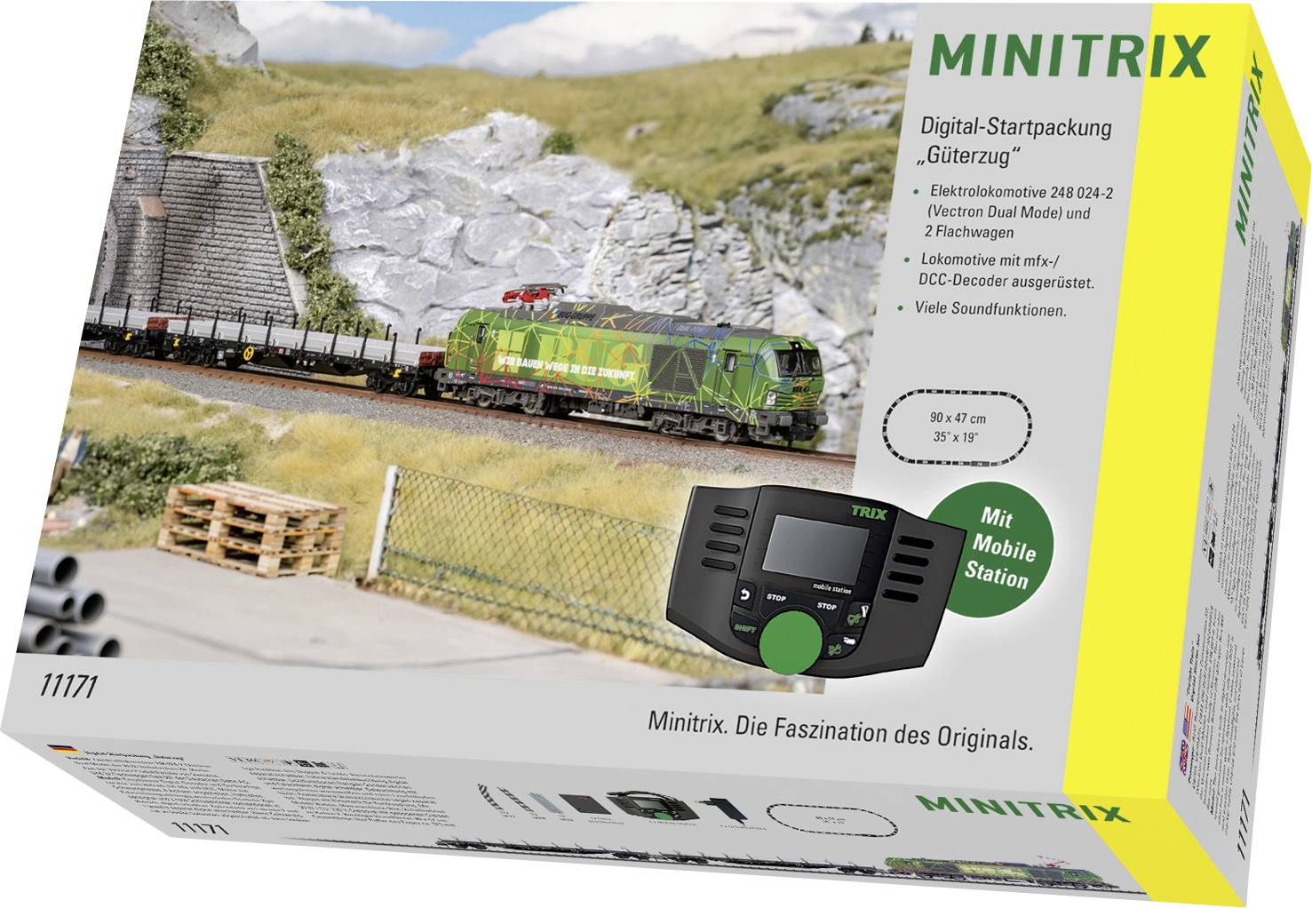 Boîte de produit pour ensemble de démarrage numérique MINITRIX montrant une locomotive verte tirant des wagons de marchandises, avec voie, contrôleur et étiquette « Mit Mobile Station ».