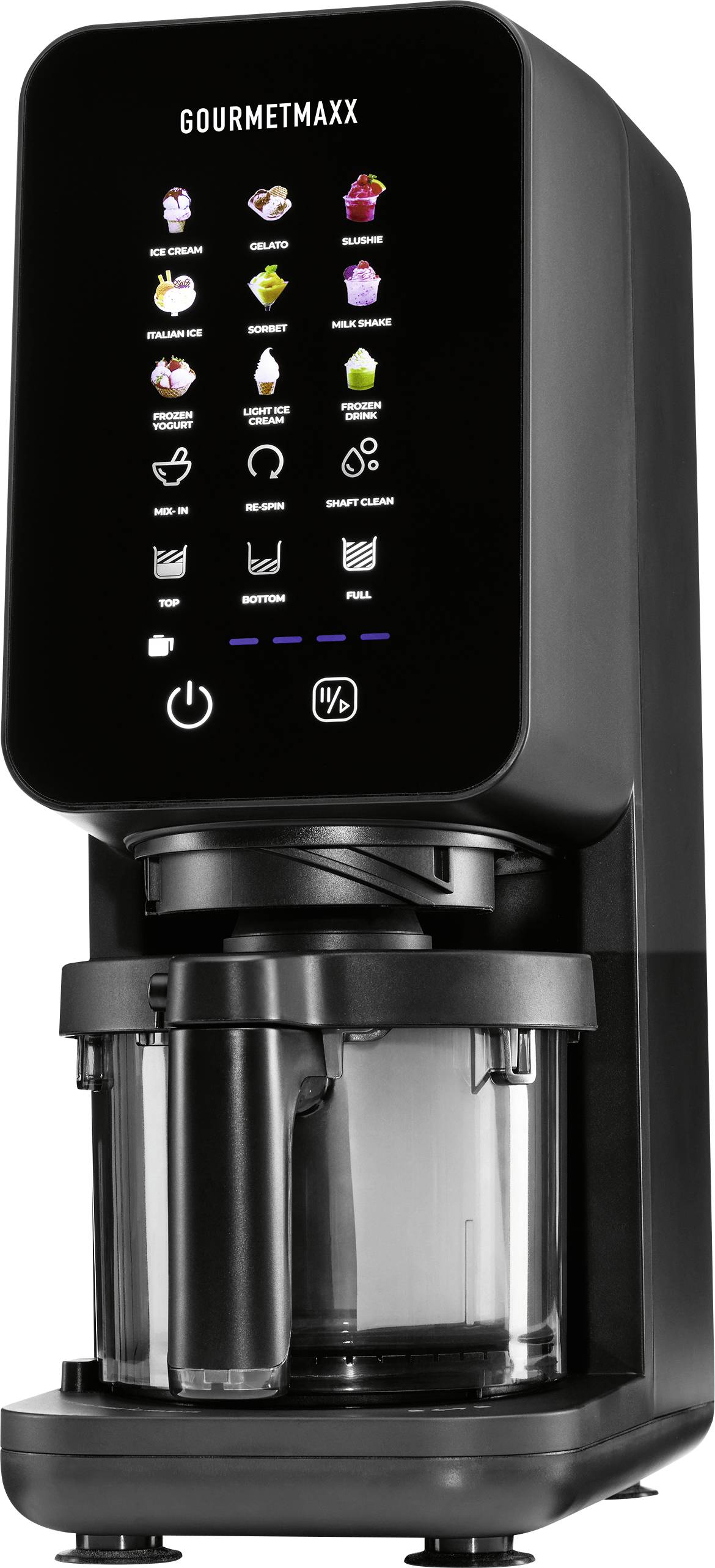 Machine à café monoservice GourmetMaxx avec icônes de sélection de boissons à écran tactile et carafe/tasse de préparation amovible sur le plateau d'égouttage.