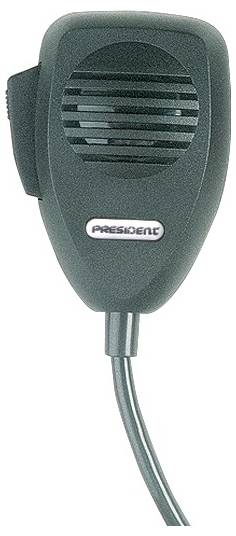 Gros plan d'un microphone portable avec une étiquette « President » et un cordon attaché.