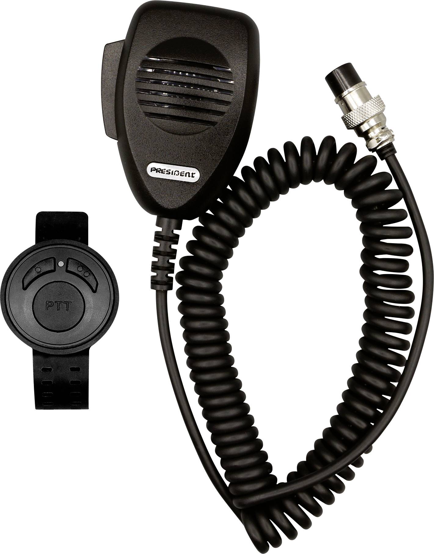 Microphone radio CB noir avec cordon enroulé, connecteur et bouton PTT rond télécommandé séparé sur fond blanc.