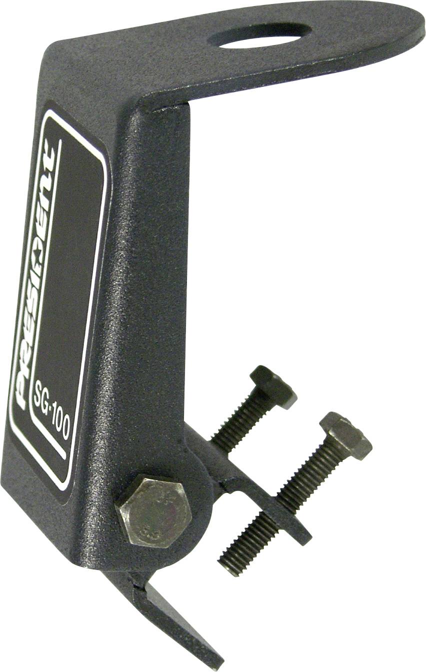 Serre-joint noir en métal avec vis ajustables et trou de montage supérieur, étiqueté « Pyramid SG-100 ».