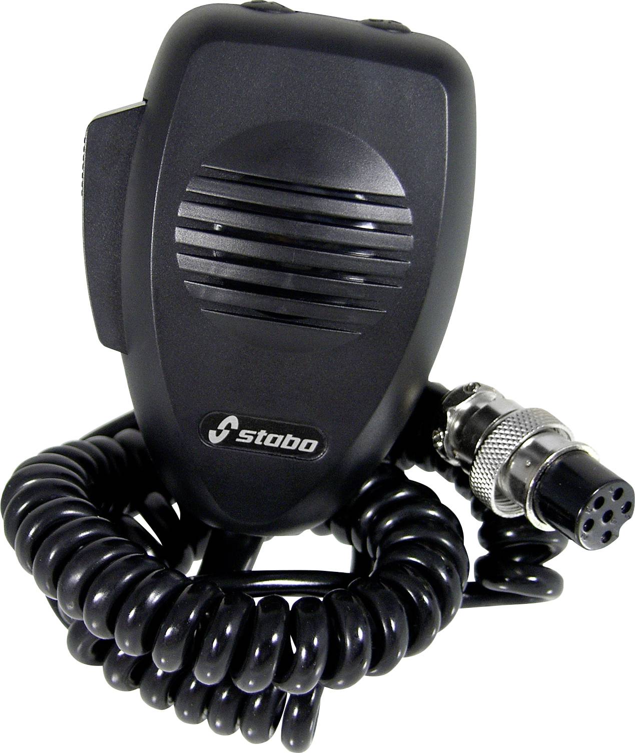 Microphone portatif noir avec câble enroulé et connecteur métallique, présenté sur un fond blanc.