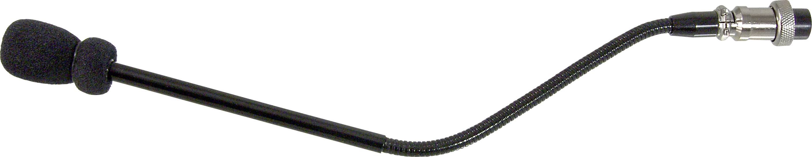 Microphone noir flexible à col de cygne avec pare-brise en mousse et connecteur audio, présenté sur fond blanc.