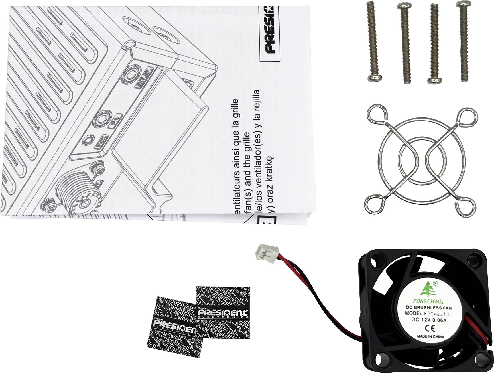 Kit de pièces pour grille de ventilateur assorti : feuille d'instructions, vis, grille de protection en fil, petites étiquettes « PRESIDENT » et un ventilateur de refroidissement à courant continu avec câble.
