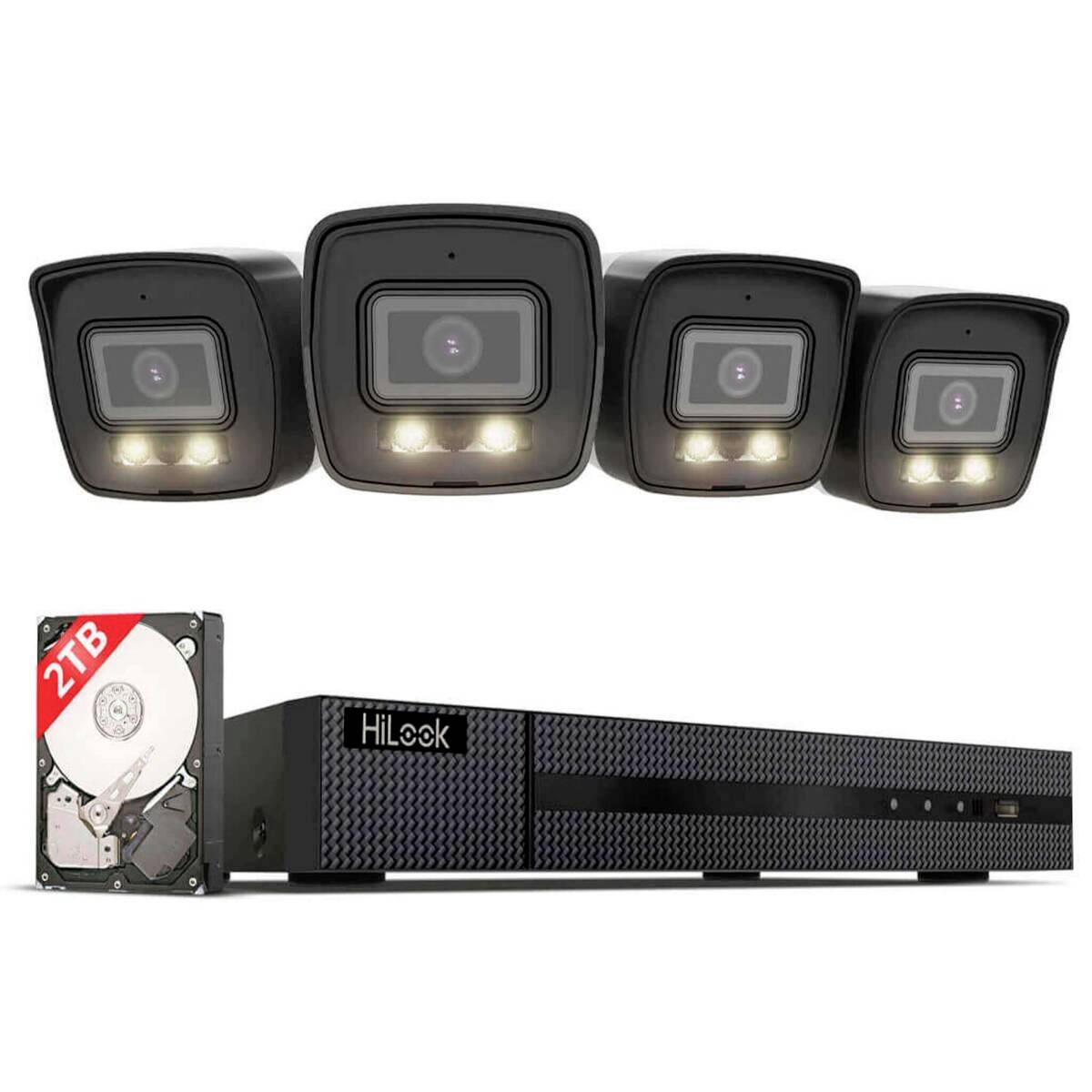 Vier Kuppel-Sicherheitskameras mit Infrarotlichtern über einem Hilook CCTV-Rekorder und einer 2TB-Festplatte, die ein vollständiges Überwachungssystem zeigen.