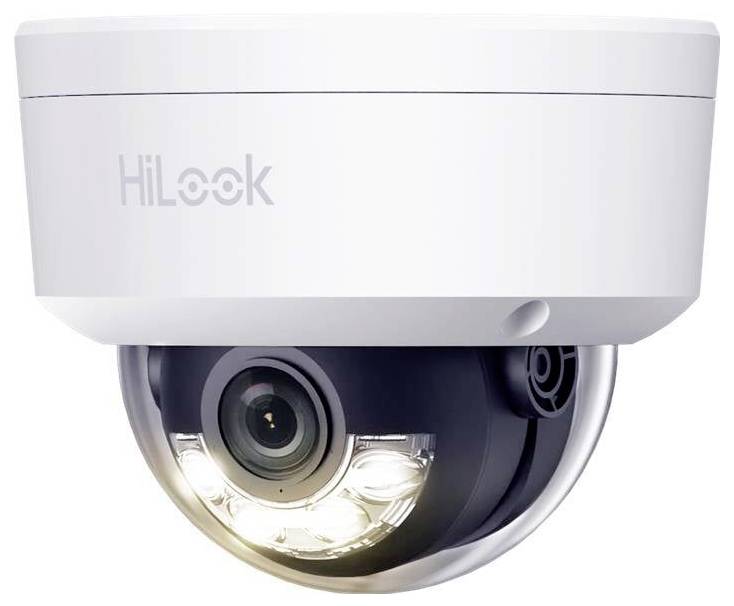 Caméra dôme de sécurité Hikvision HiLook blanche avec objectif visible et éclairages infrarouge intégrés, présentée sur un fond blanc.