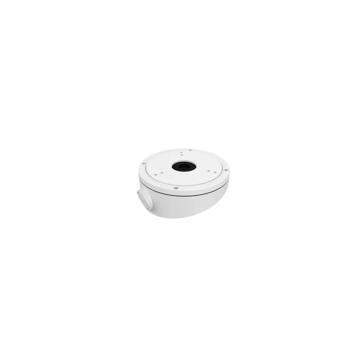 Caméra de surveillance dôme HiLook avec boîtier blanc et noir, lentille visible et capteurs infrarouge.