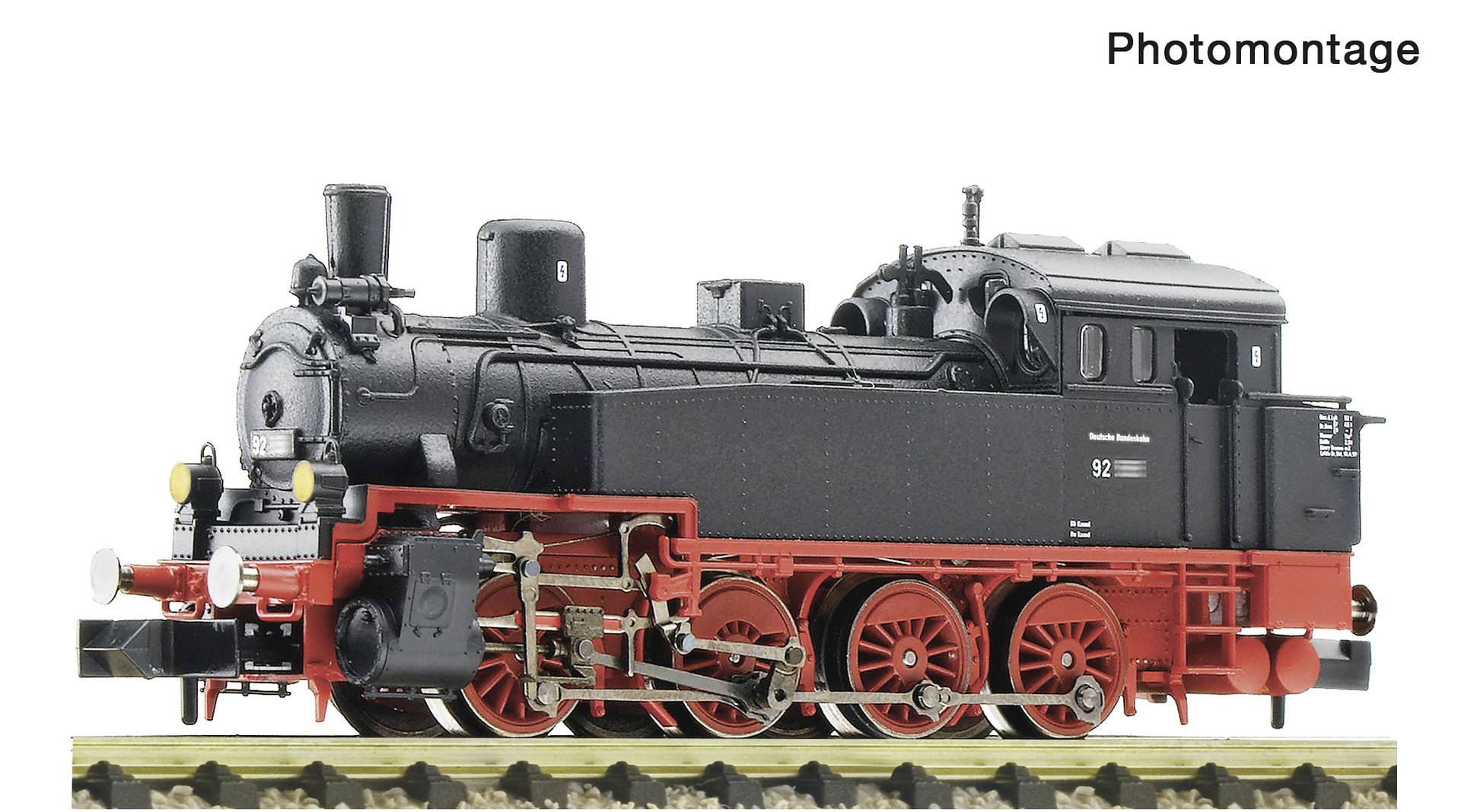 Modèle de locomotive à vapeur noir et rouge sur des rails, montré en vue de profil avec le mot « Photomontage » en haut.