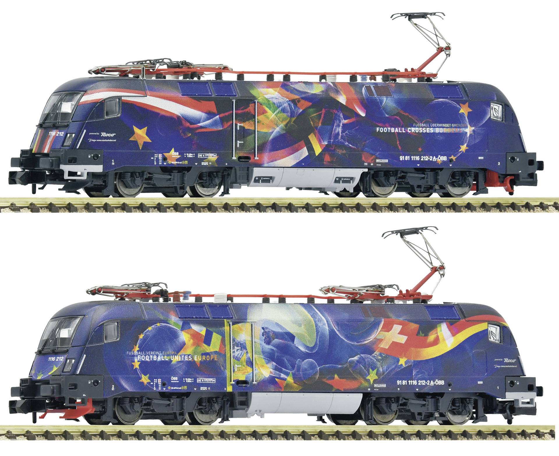 Deux vues latérales d'une locomotive électrique bleue avec une livrée aux couleurs vives sur le thème du football de l'UEFA Euro 2020 sur les rails.