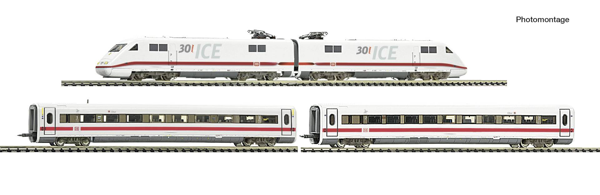 Photomontage d'un train à grande vitesse ICE blanc et de deux voitures de voyageurs connectées présentées en vues de côté et de dessus sur un fond blanc.