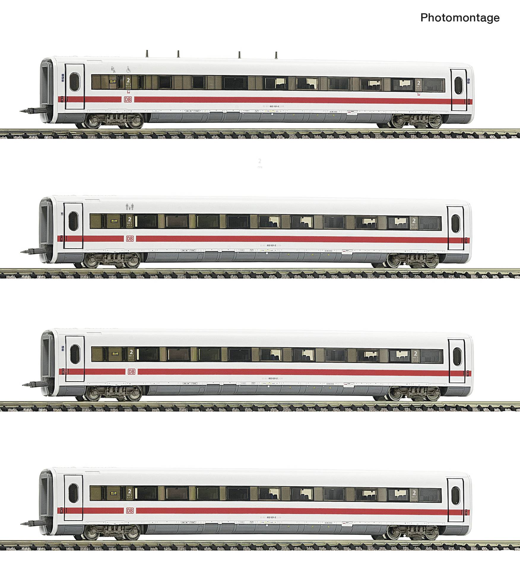 Photomontage montrant quatre images de profil d'une voiture de train de passagers moderne blanche avec une bande rouge, chacune à des longueurs/configurations légèrement différentes.