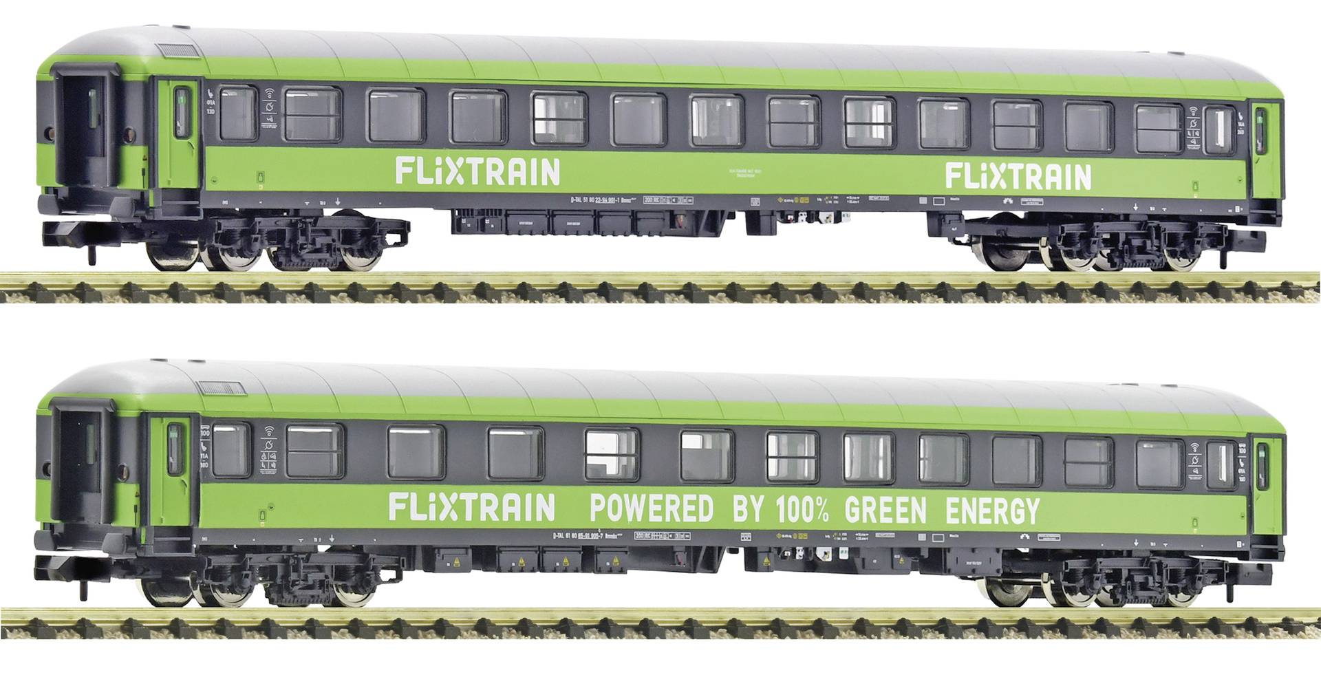 Two side-view train cars in green FlixTrain livery; the lower car reads 'POWERED BY 100% GREEN ENERGY'.