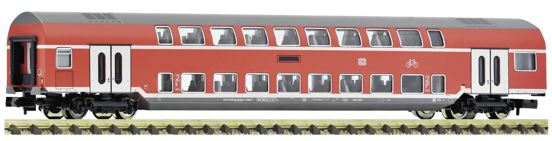 Red and gray double-decker passenger train car shown in side view on tracks.