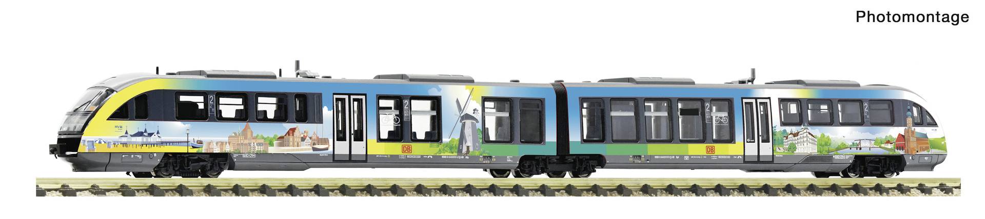 Photomontage of a modern articulated train with colorful cityscape graphics on the cars, shown in side view on track.