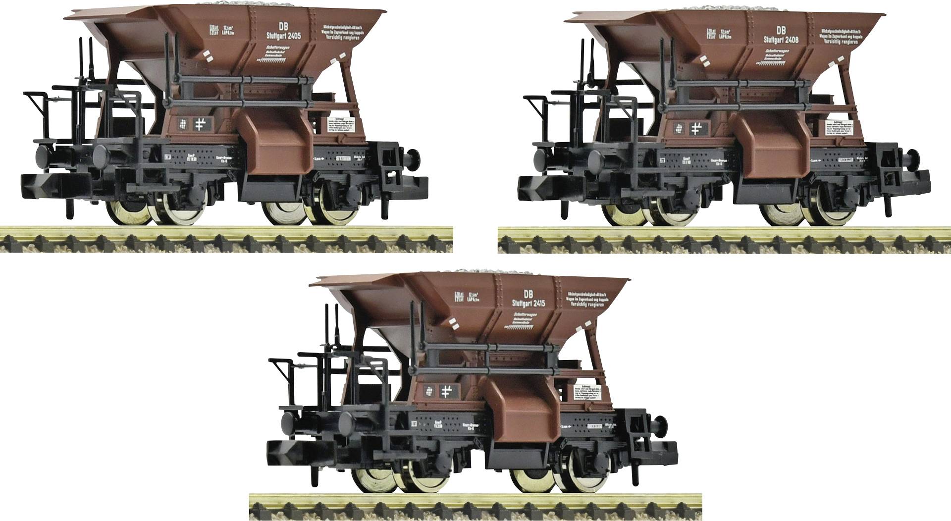Trois vues d'un wagon-trémie de marchandises brun sur des rails, présenté de côté et de profil avant-gauche et avant-droit.