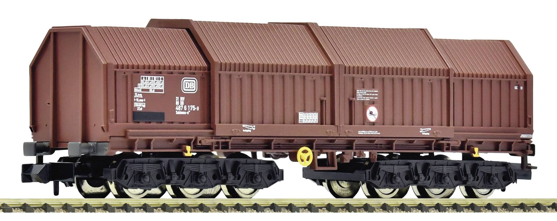 Brown freight railcar on tracks, shown in side view with ribbed cargo box and black undercarriage.