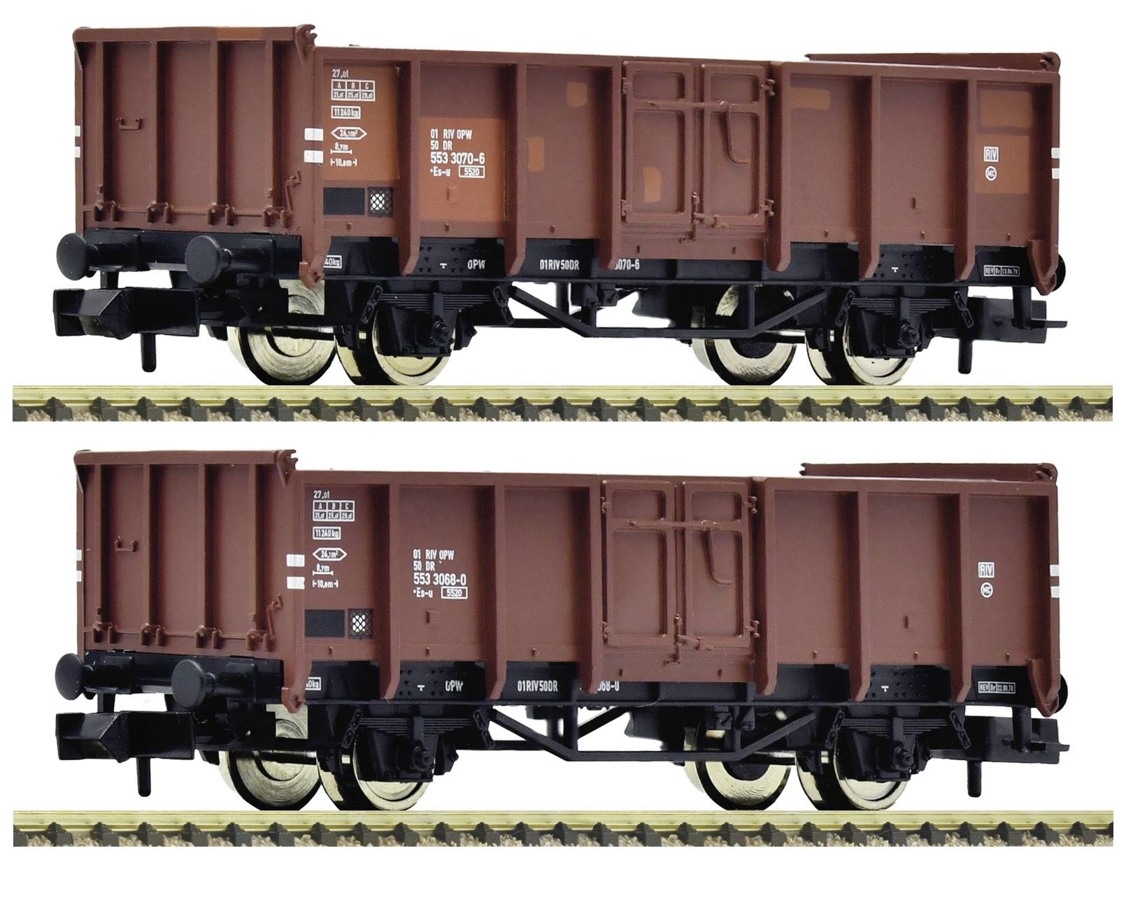 Two side-view model freight train wagons on track, shown one above the other against a white background.