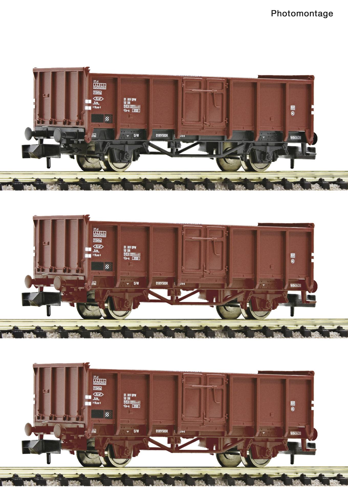 Photomontage montrant le même wagon de fret rouge sur des voies dans trois vues, les versions du milieu et du bas étant progressivement privées de leurs roues et de leur châssis.