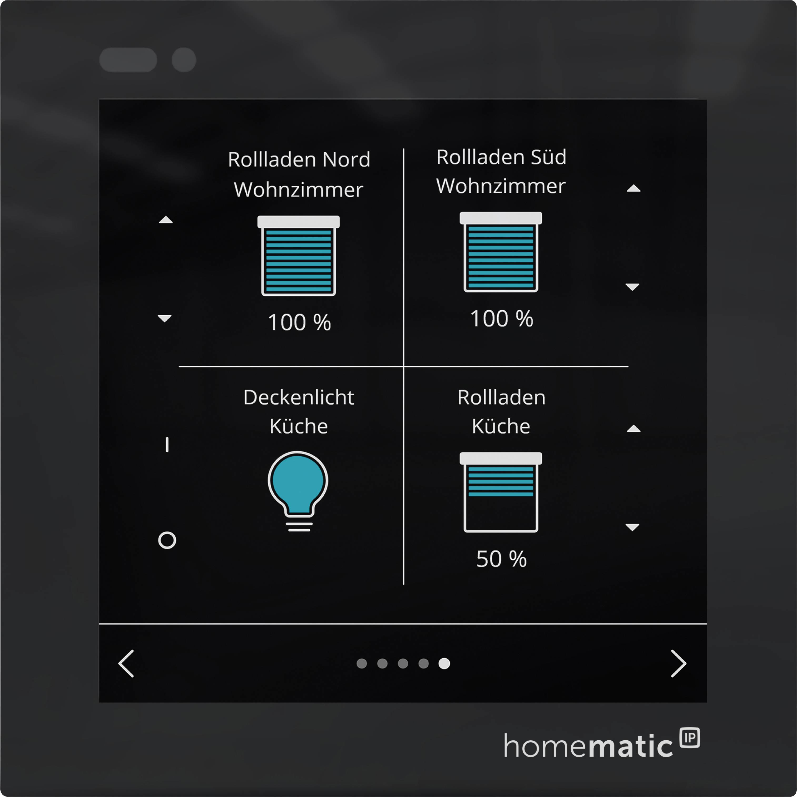 Écran de contrôle domotique Homematic affichant quatre appareils : volet nord du salon 100%, volet sud du salon 100%, luminaire au plafond de la cuisine, et volet de la cuisine 50%, avec des commandes haut et bas.