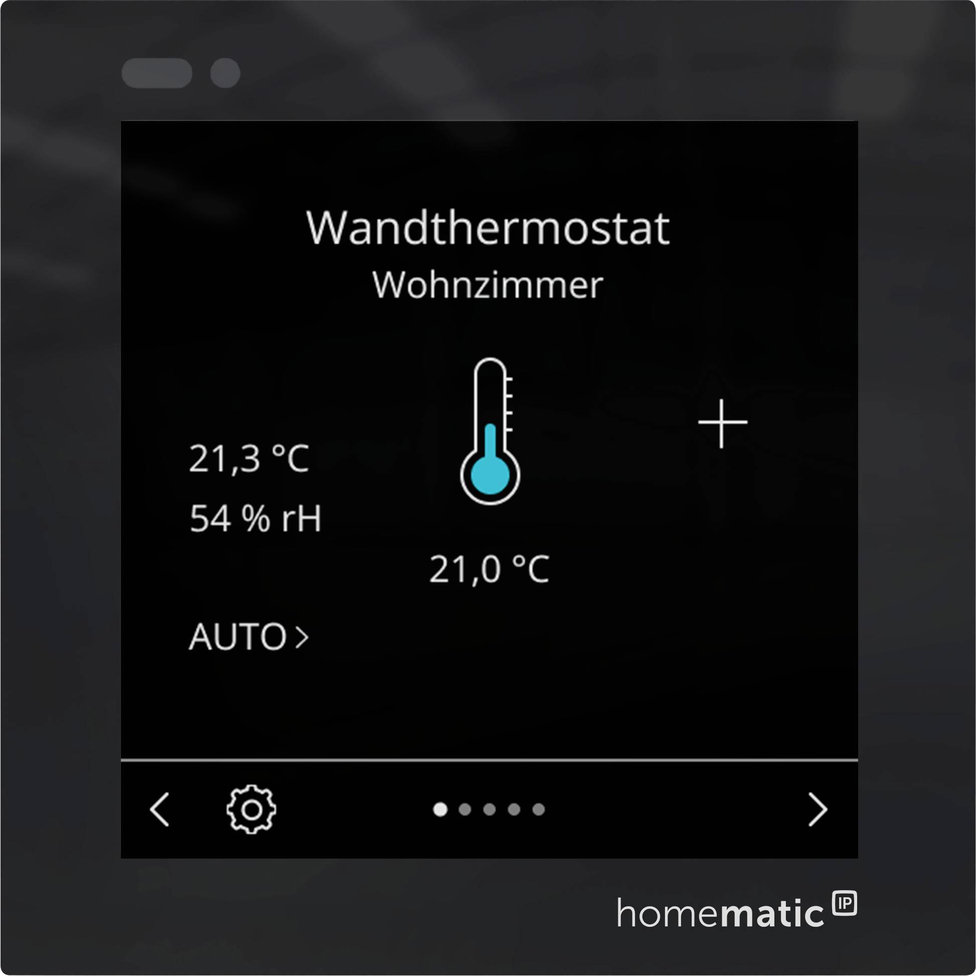 Écran de contrôle du thermostat intelligent pour le salon affichant 21,3°C, 54% d'humidité, objectif 21,0°C, mode Auto, et contrôles d'augmentation/diminution.