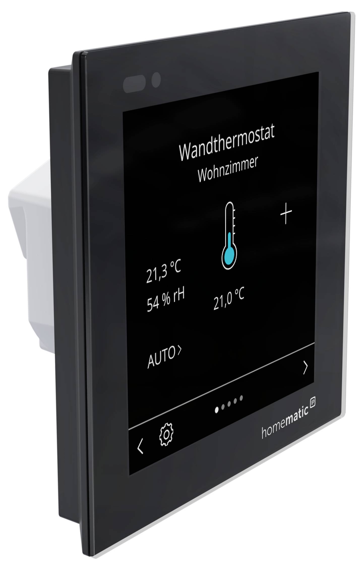Affichage de thermostat numérique mural étiqueté « Wandthermostat Wohnzimmer » affichant 21,3 °C, 54 % HR et une consigne de 21,0 °C en mode AUTO.