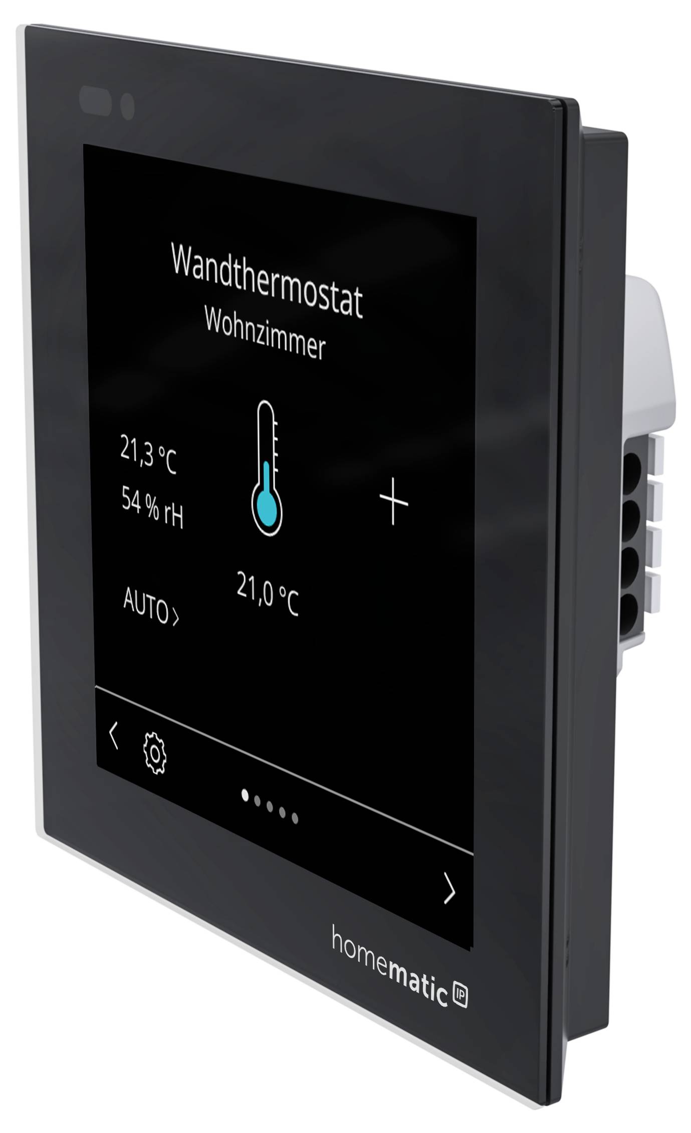 Un panneau tactile thermostat mural noir affichant « Wandthermostat Wohnzimmer », température ambiante 21,3 °C, humidité 54 % HR et consigne 21,0 °C.