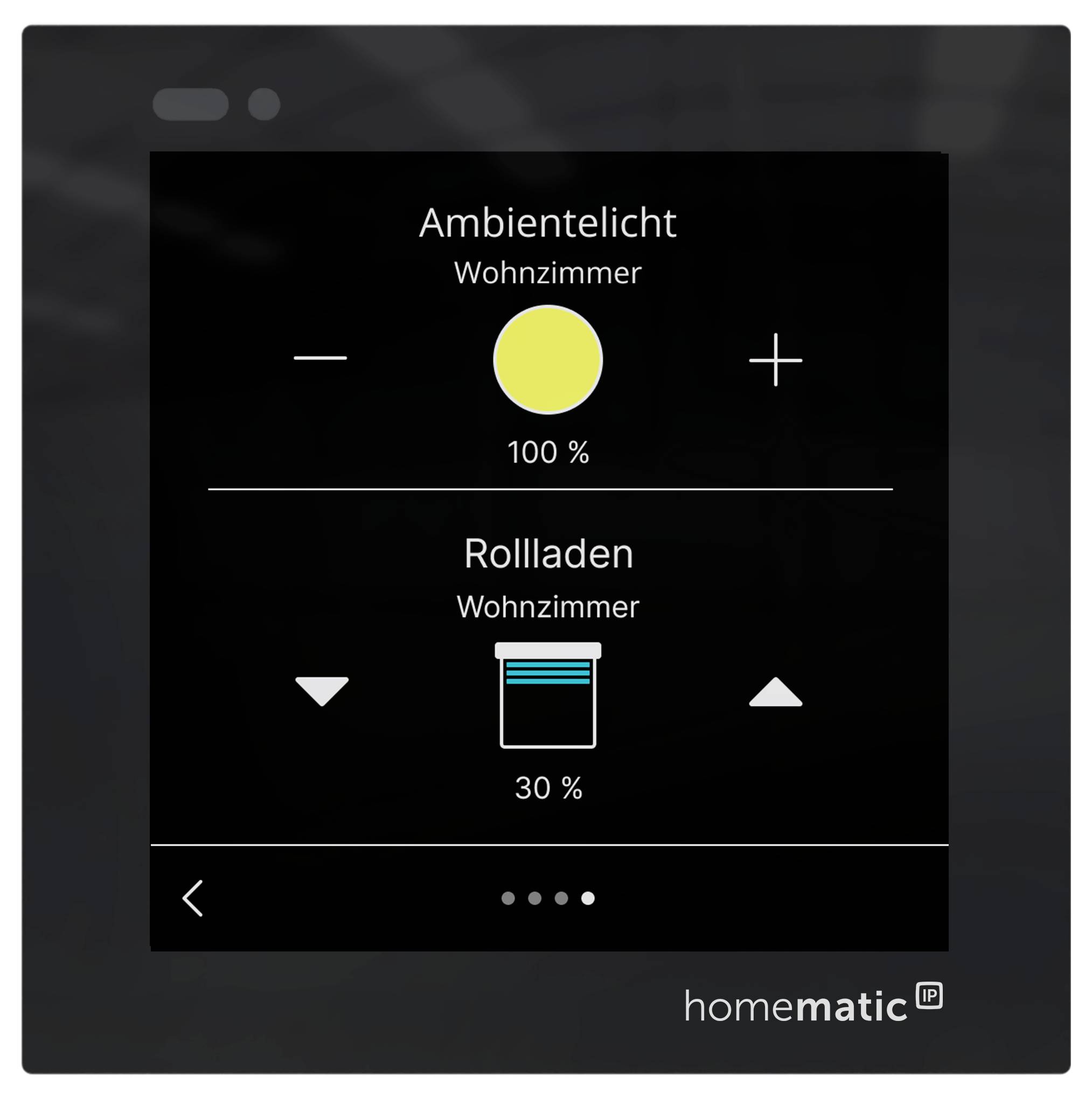 Écran de commande de maison intelligente en allemand affichant la lumière ambiante du salon à 100% avec des boutons moins et plus, et le volet roulant à 30% avec des commandes haut/bas.