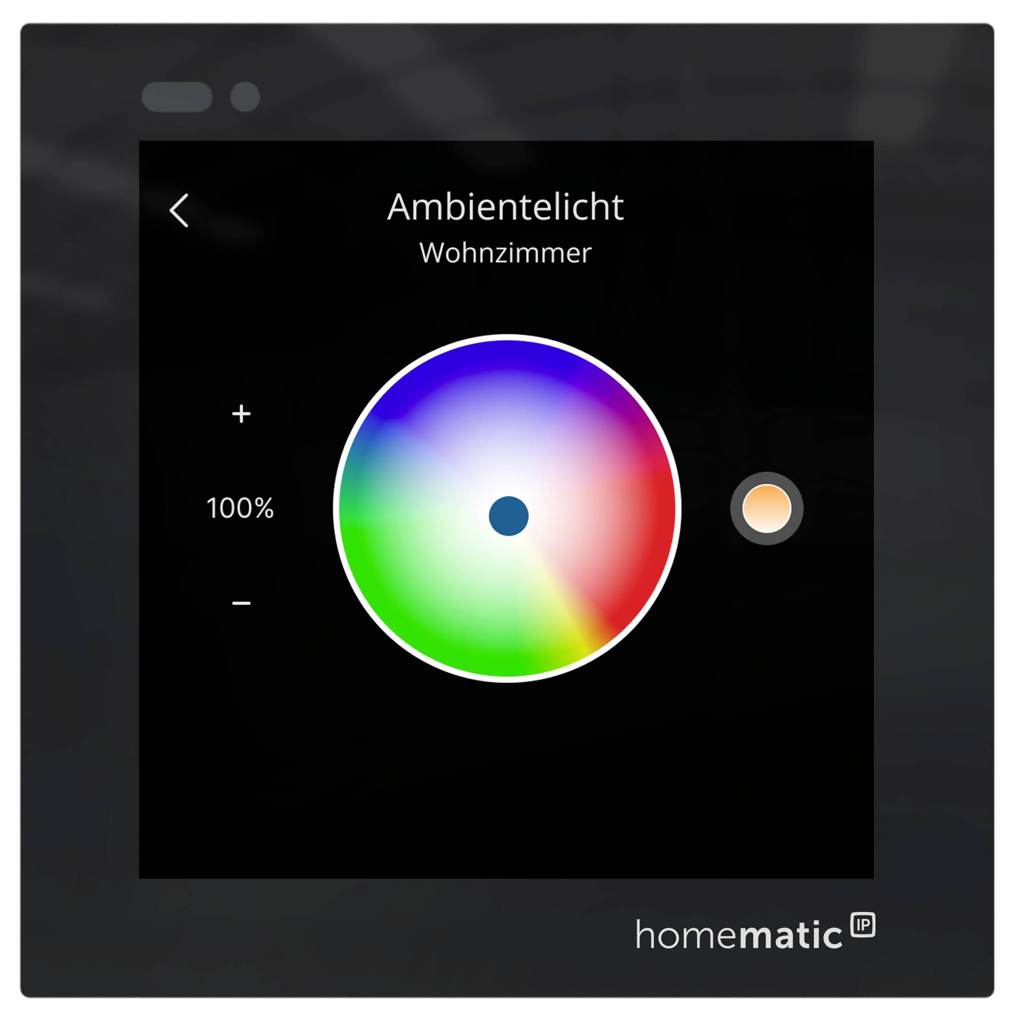 Smart home light control screen for living room ambient light, showing a color wheel, 100% brightness, plus/minus controls, and a selected warm color indicator.