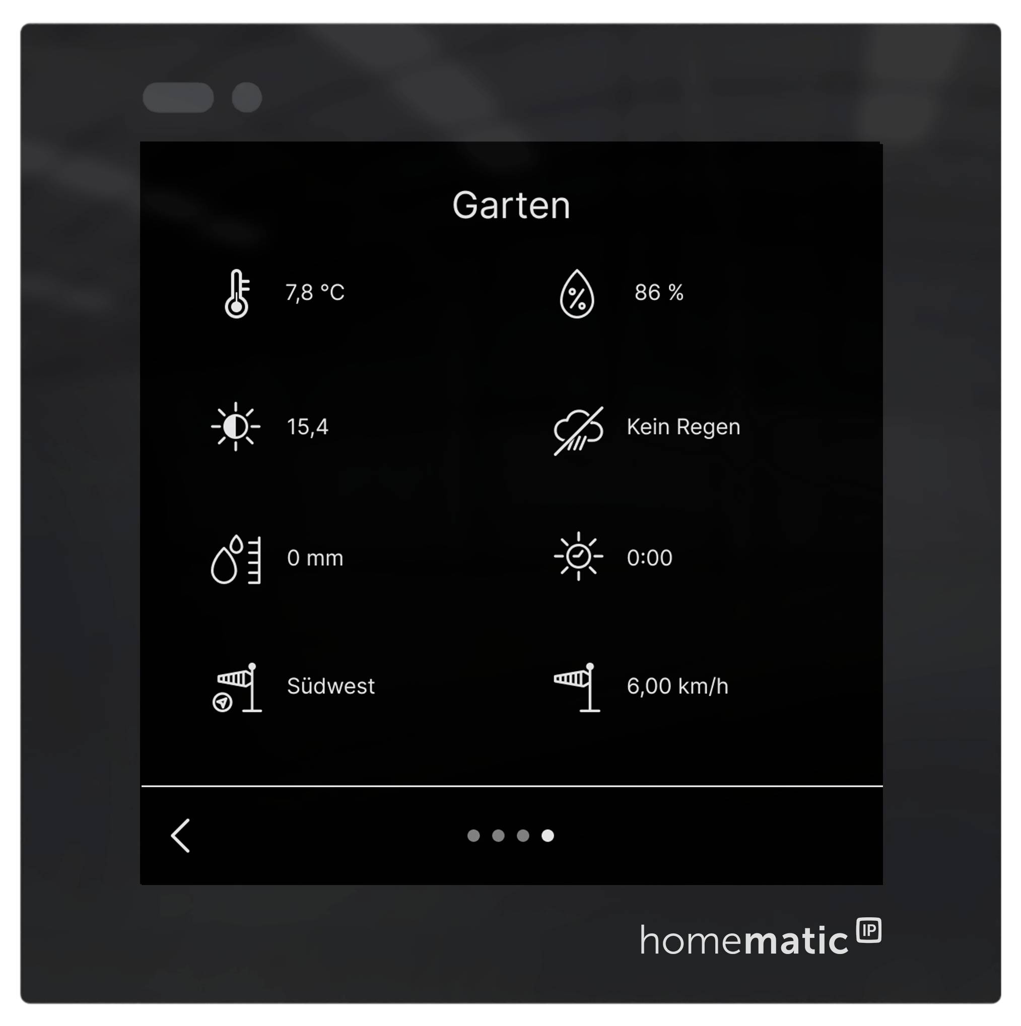 Affichage météo maison intelligente pour « Garten » affichant 7,8°C, 86% d'humidité, pas de pluie, 0 mm de précipitations, vent du sud-ouest à 6,00 km/h, et marque homematic.
