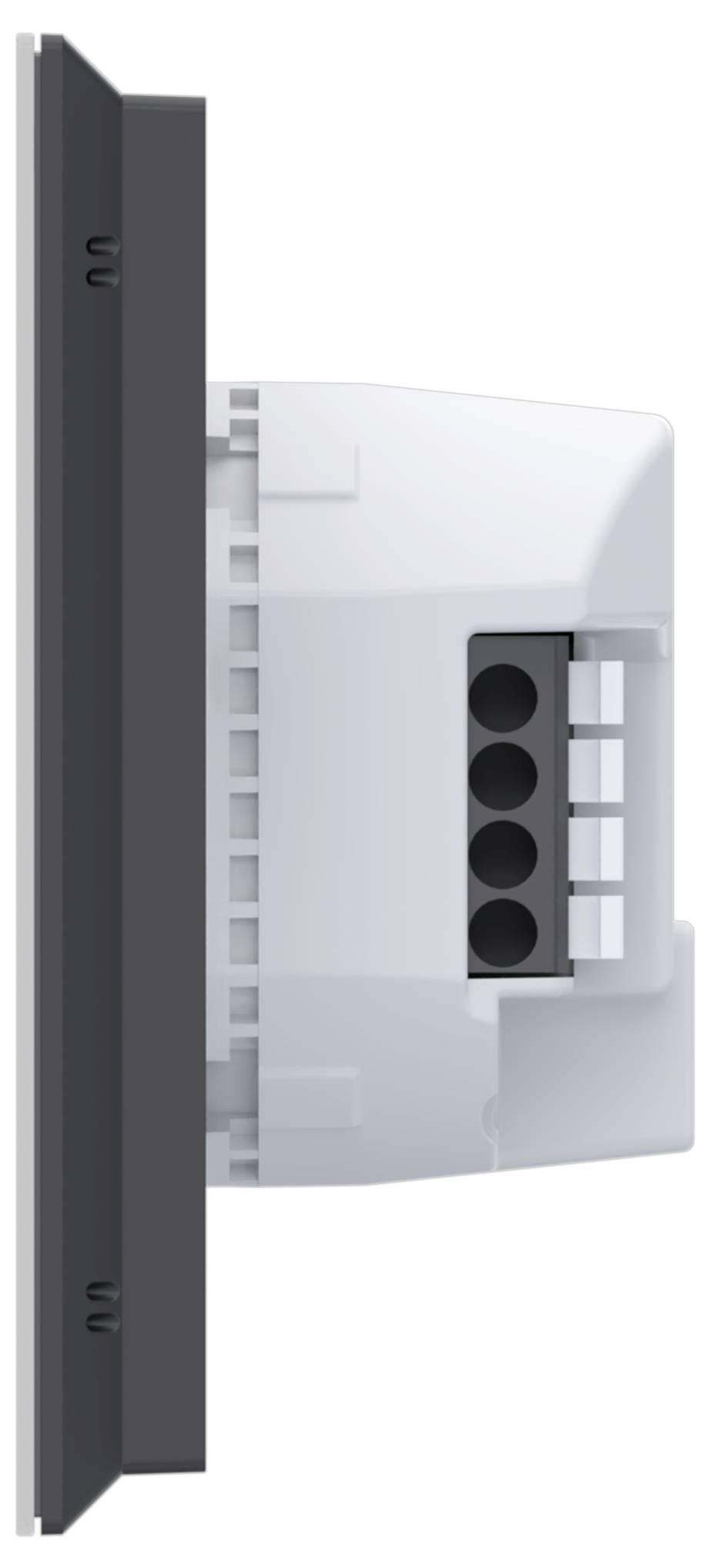 Vue latérale d'un appareil électrique mural ou d'un module thermostat avec une façade noire et un boîtier blanc, présenté en profil sur un fond blanc.