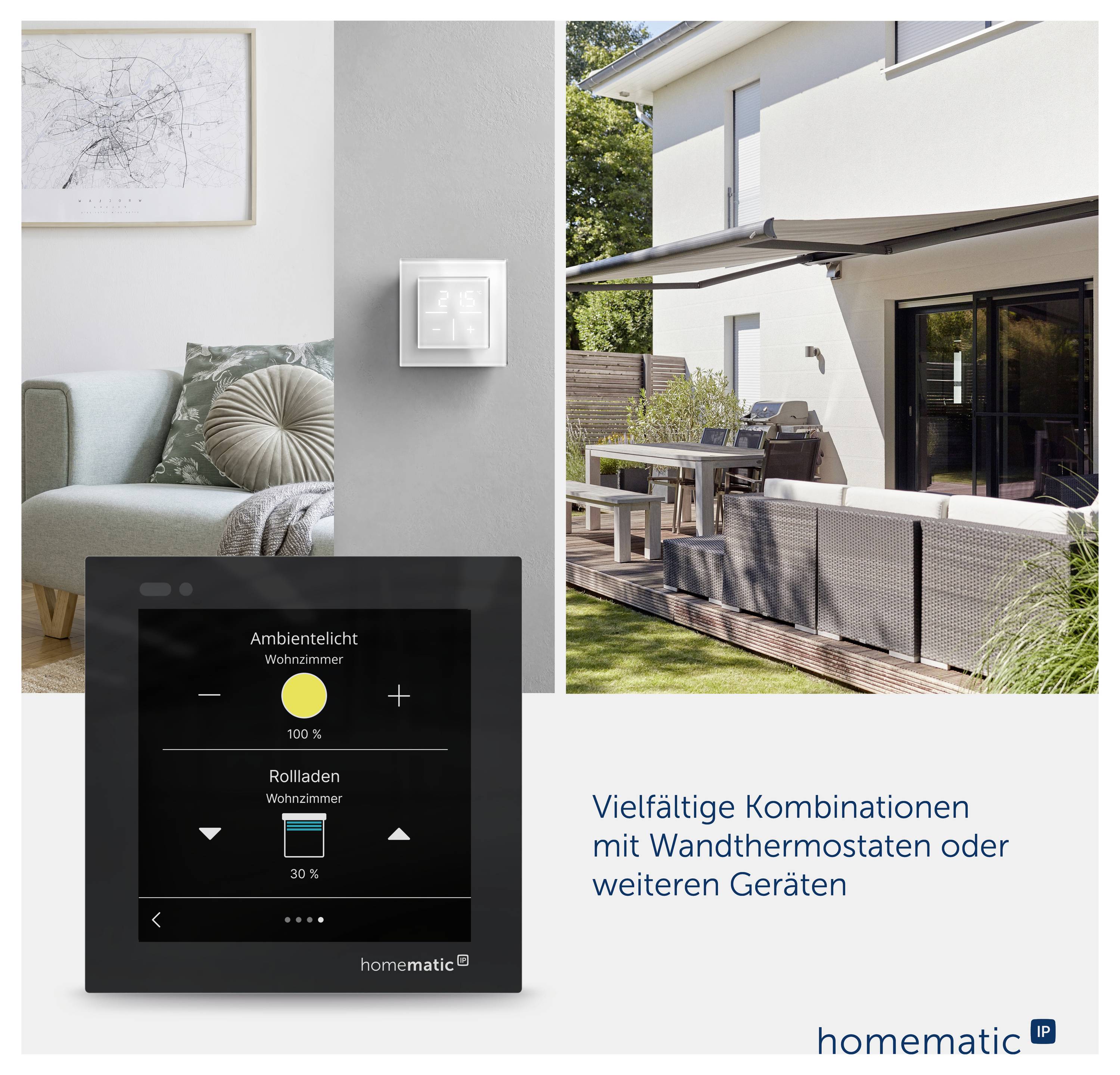 Intelligentes Wandthermostat mit Touchscreen-Steuerung für Wohnzimmerlicht und Jalousien, dargestellt mit Innen- und Außenansichten eines Hauses; der Text lautet „Vielfältige Kombinationen mit Wandthermostaten oder weiteren Geräten