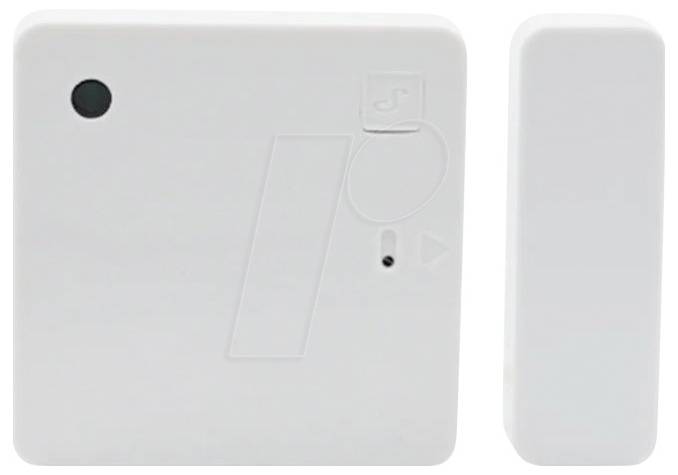 Kit de capteur de sécurité sans fil blanc avec une unité principale carrée et un accessoire rectangulaire fin, probablement un capteur d'alarme pour porte/fenêtre.