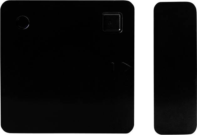 Panneau de dispositif noir arrondi en forme de carré avec un petit indicateur circulaire et un bouton carré près du sommet, plus une pièce rectangulaire noire étroite et séparée à côté.