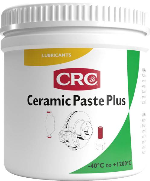Container of CRC Ceramic Paste Plus lubricant, labeled for -40°C to +1200°C use, with brake/parts illustration on the front.