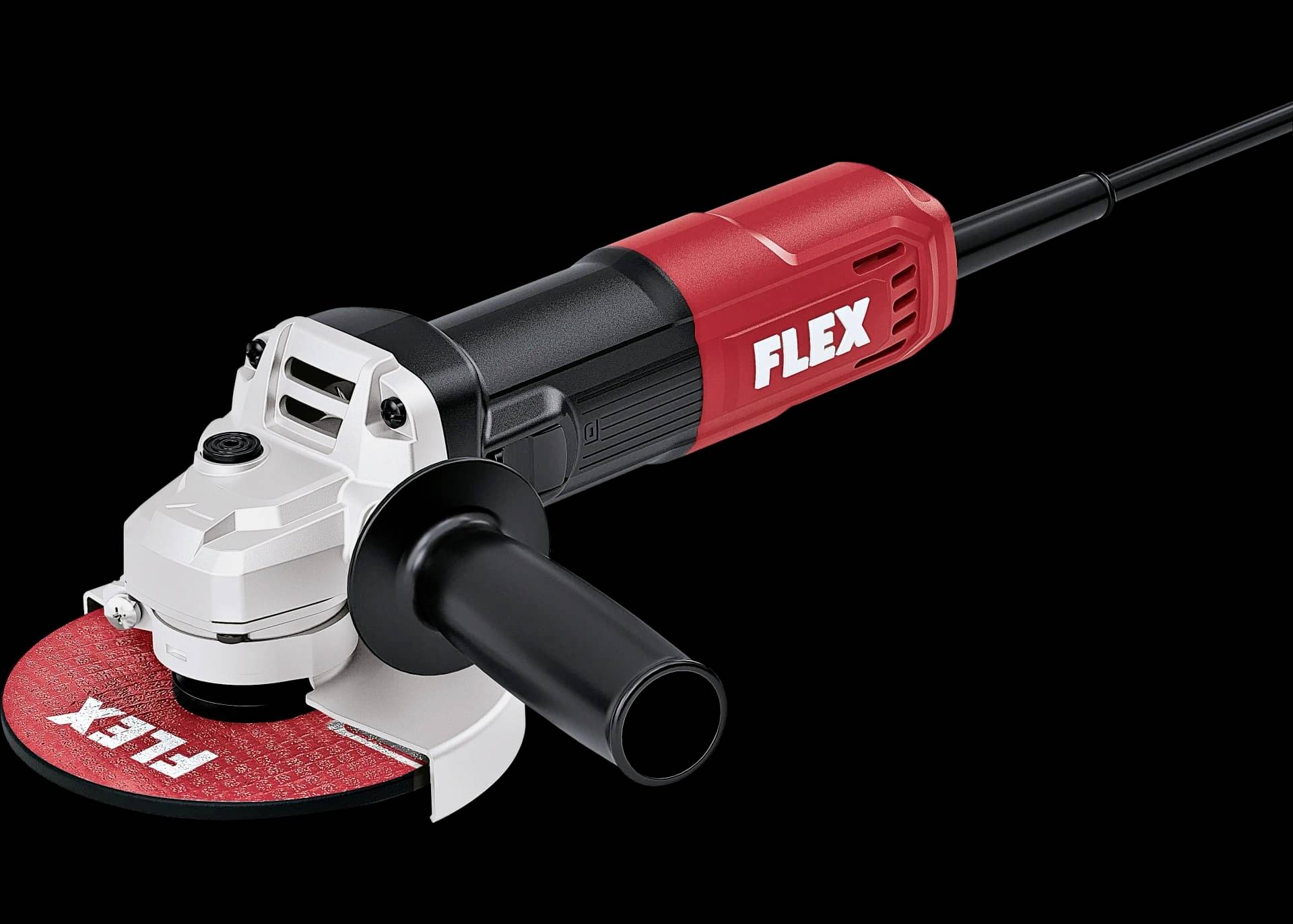 Meuleuse d'angle Red FLEX avec poignée latérale et disque de coupe rouge sur fond noir.
