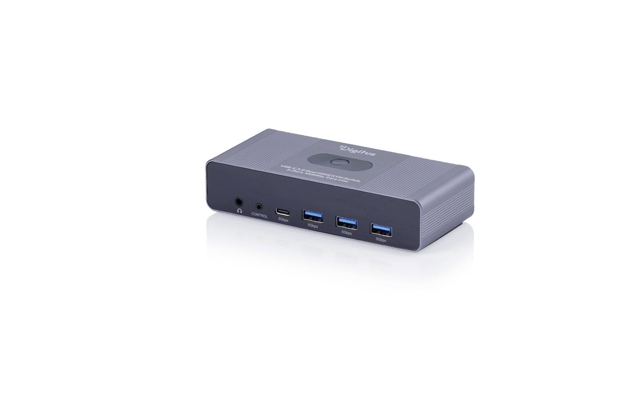 Station d'accueil externe compacte de couleur grise avec plusieurs ports situés à l'avant, incluant audio, USB et trois ports USB 3.0 de couleur bleue.