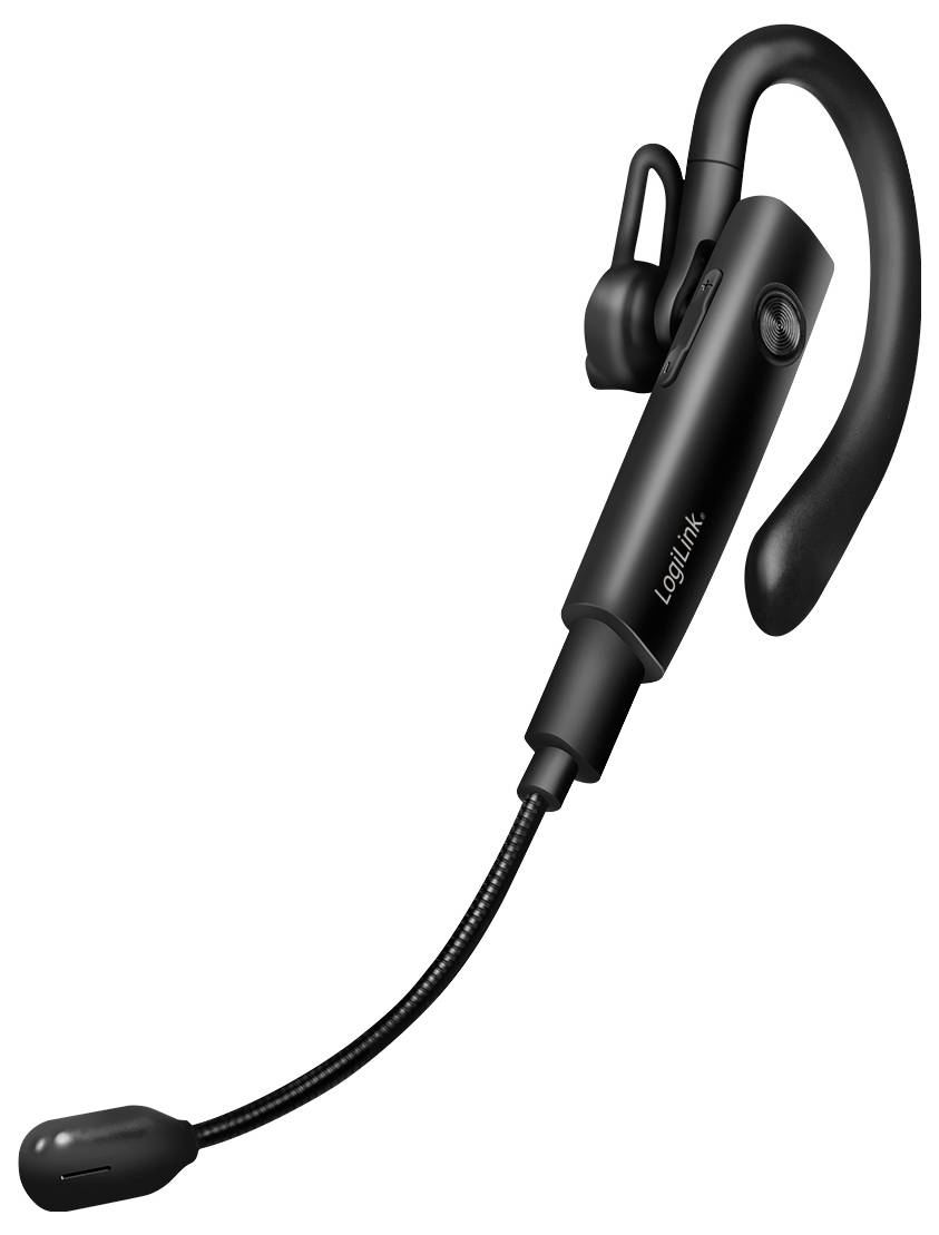 Écouteur Bluetooth sans fil noir avec arceau auriculaire et microphone flexible sur fond blanc.