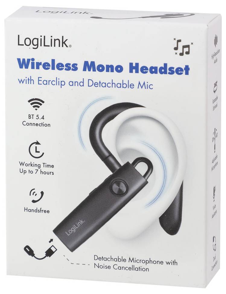 Boîte d'écouteur sans fil mono LogiLink présentant un design avec pince auriculaire, microphone détachable, Bluetooth 5.4, jusqu'à 7 heures d'autonomie et utilisation mains-libres.