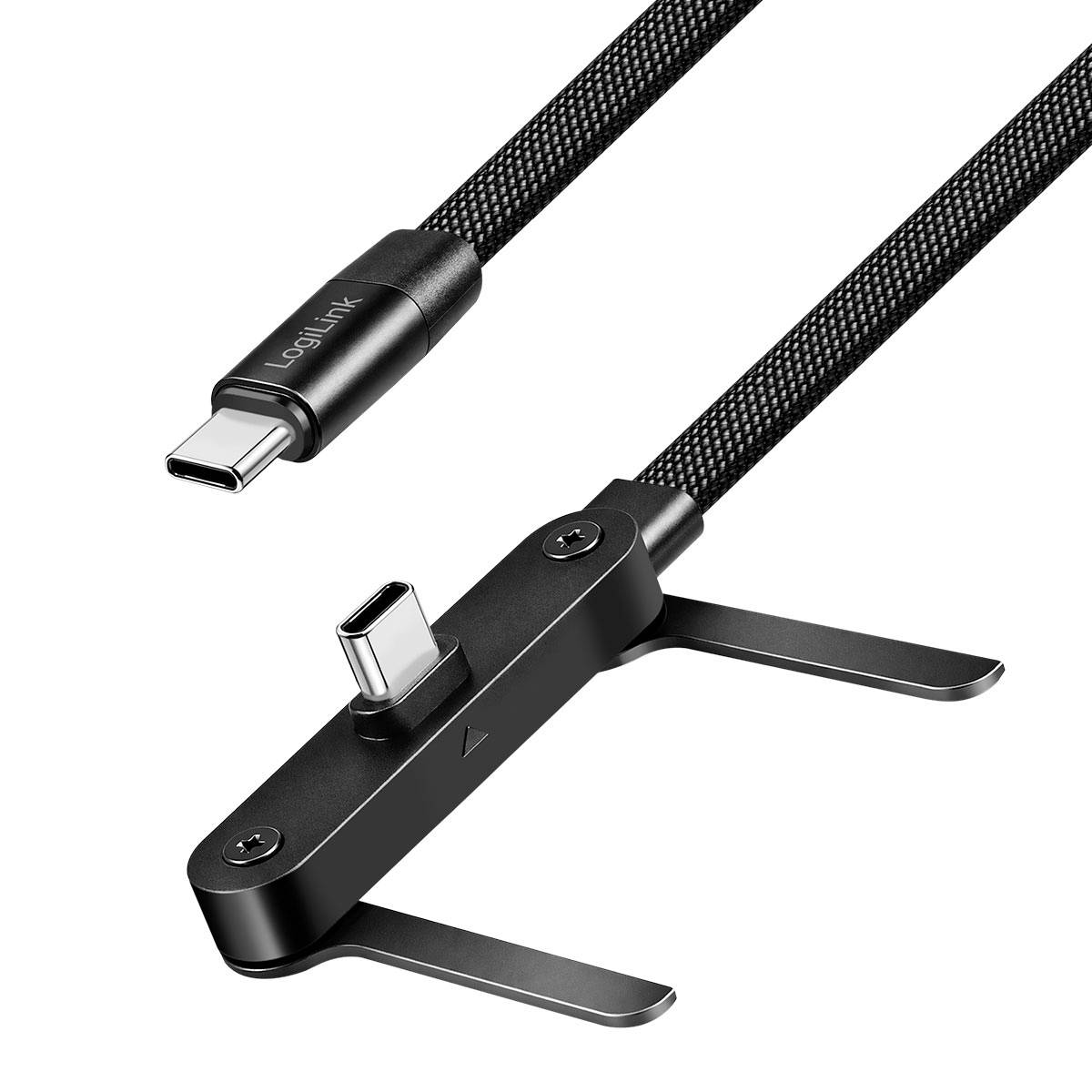 Câble USB-C tressé avec connecteur magnétique pour ordinateur portable et bras de stabilisation repliables pour une charge sécurisée ou une connexion de données.