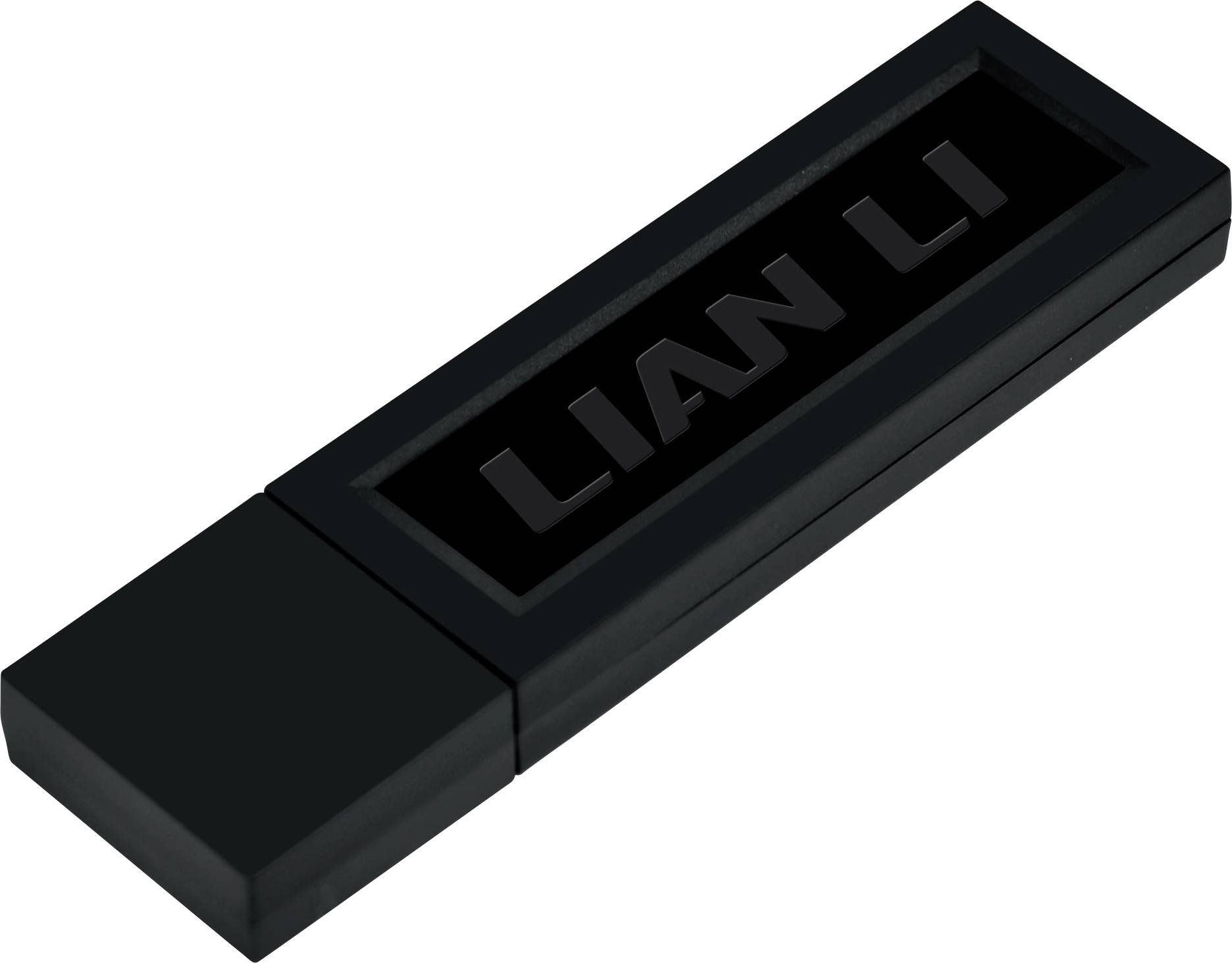 Clé USB noire portant l'étiquette « LIANLI » sur un fond blanc.
