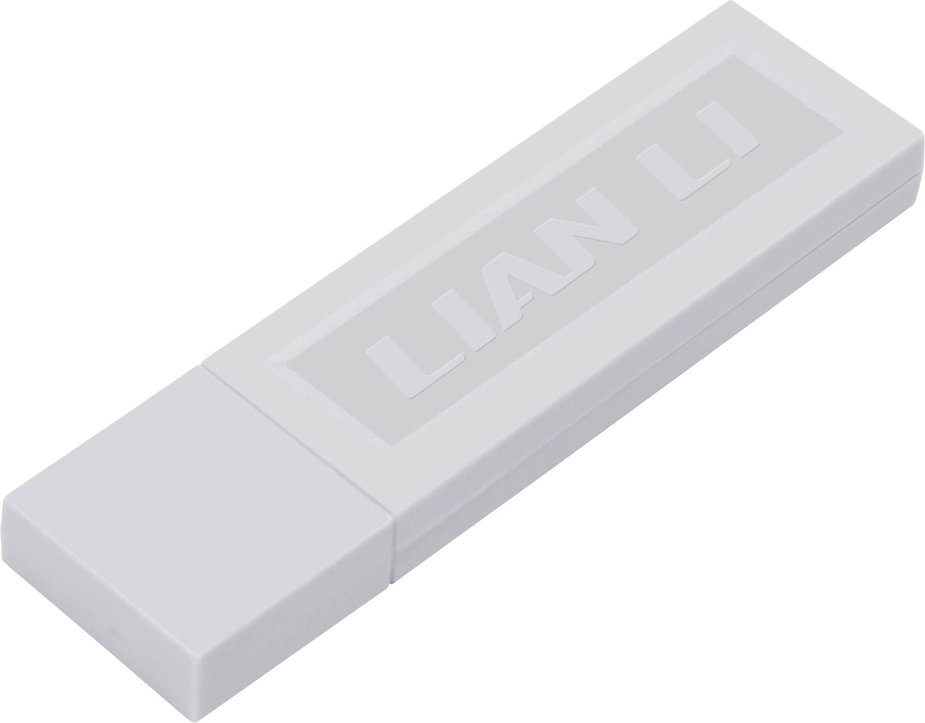 Clé USB blanche avec un capuchon amovible, présentée en angle sur un fond uni, portant l'étiquette « LIAN LI ».