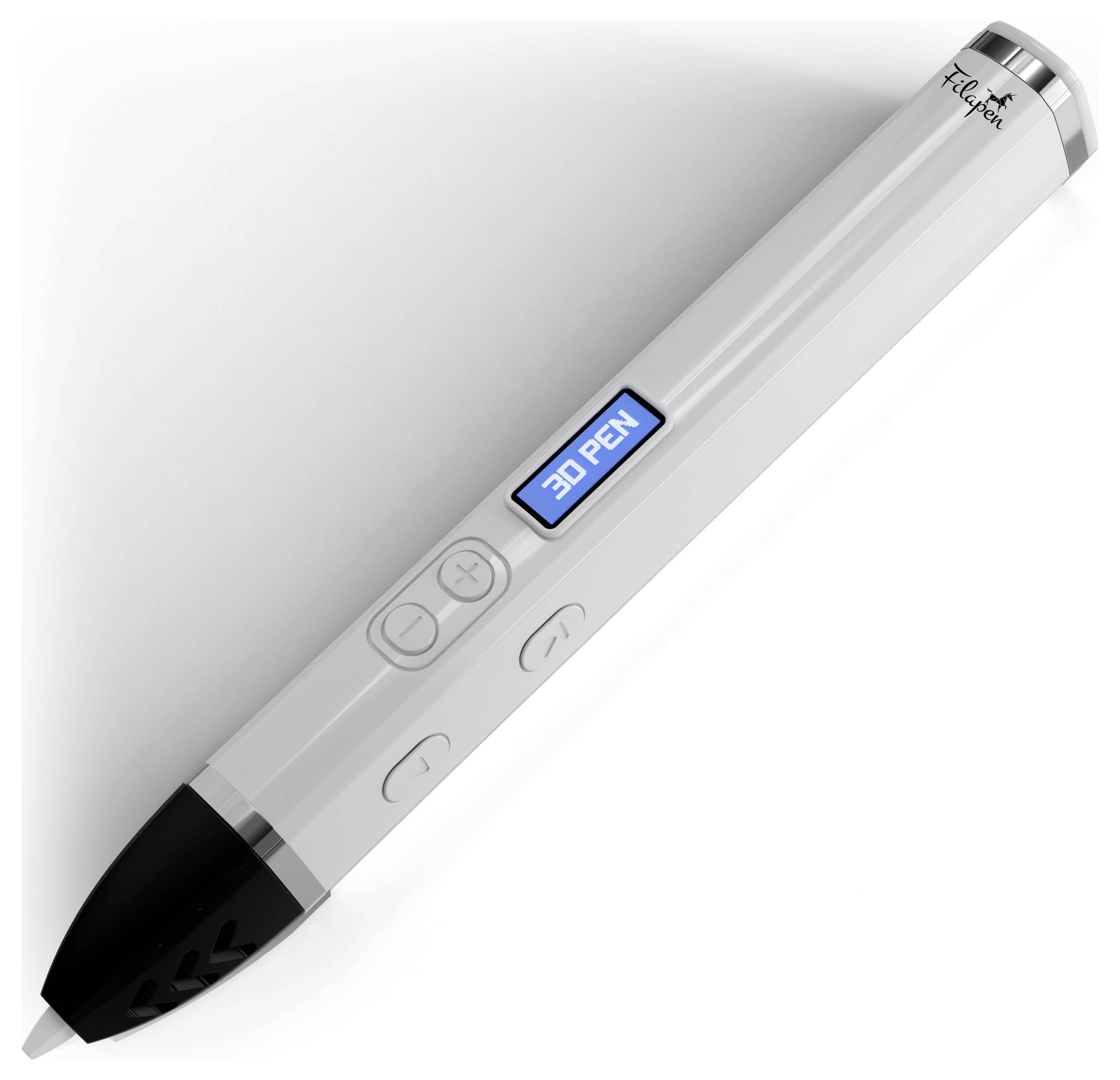 Stylo 3D blanc avec pointe noire et affichage bleu affichant « STYLO 3D » sur un fond uni, présenté en diagonale.