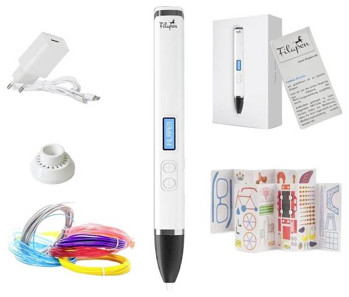 Stylet numérique White Filapen avec câble de charge, pointe, boîte et échantillon de dessin 3D coloré présenté sur un fond blanc.