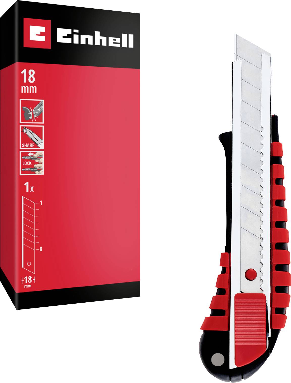 Couteau utilitaire Einhell de 18 mm avec poignée rouge et noire et lame ; emballage en boîte affiché à côté.