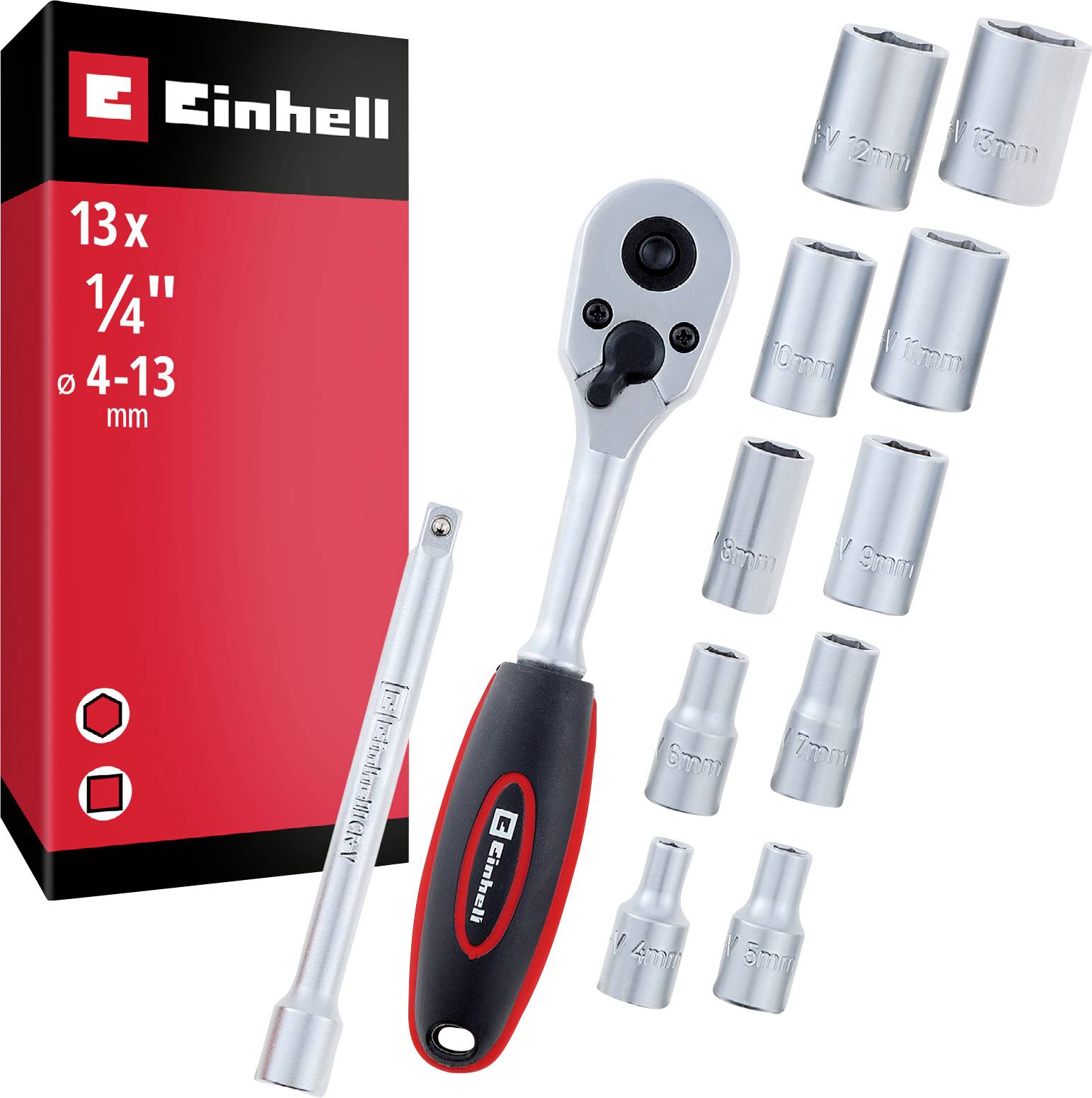 Coffret Einhell de 13 pièces 1/4 pouces avec clé à cliquet, rallonge et douilles de 4 à 13 mm.