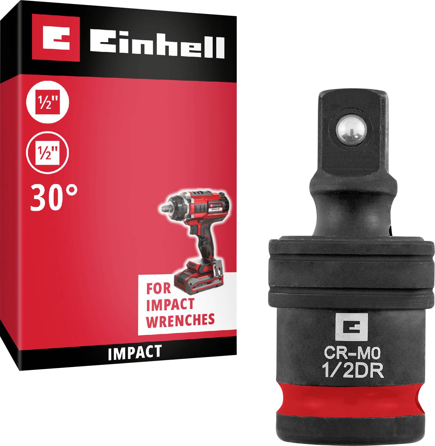 Adaptateur de douille à clé à choc Einhell 1/2 pouce 30 degrés avec emballage montré à côté de l'adaptateur noir et rouge.